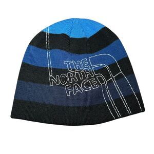 The North Face Highline Banner Beanie Hat Blue One Size Stitched Logo Striped